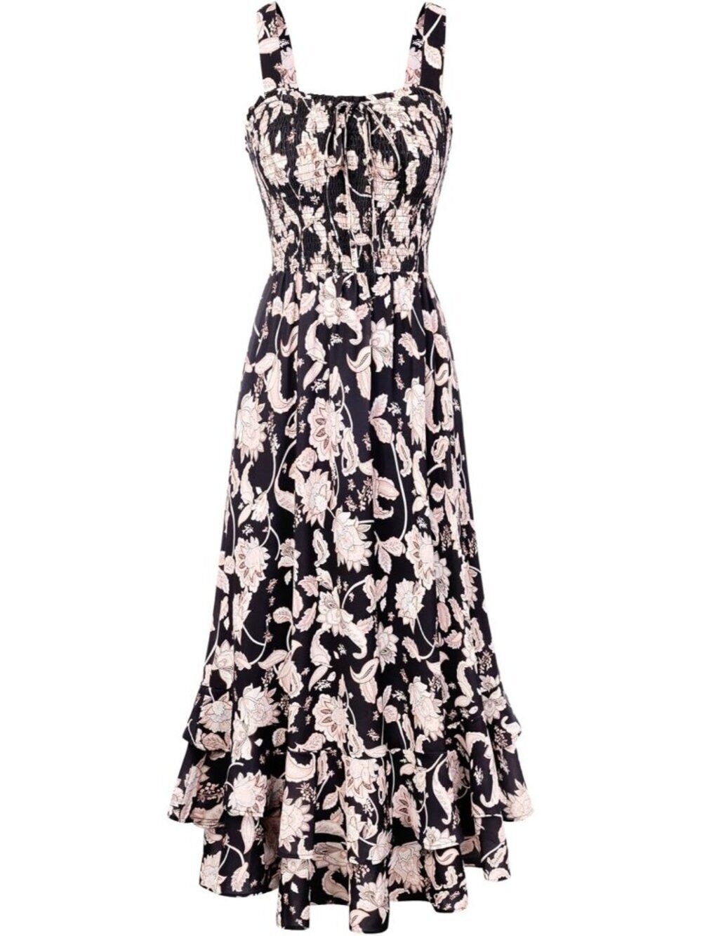 Women's Black Flower Square Neck Strapped A LINE Floral Boho Long Maxi Dress
